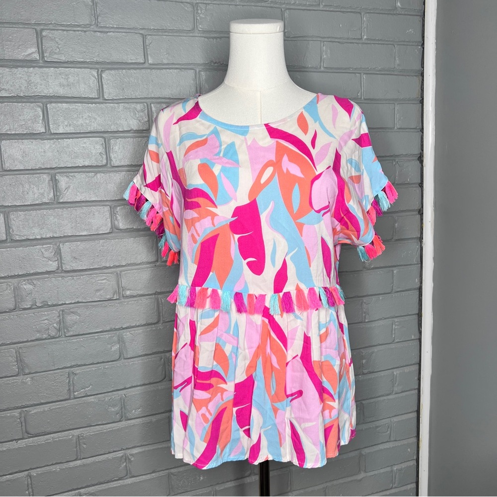 Emily Wonder Vibrant Abstract Colorful Babydoll Short Sleeve Blouse Size Small